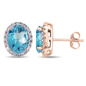 Oval Blue Topaz and Halo Diamond Stud Earrings 14k Rose Gold 5.40ct - All