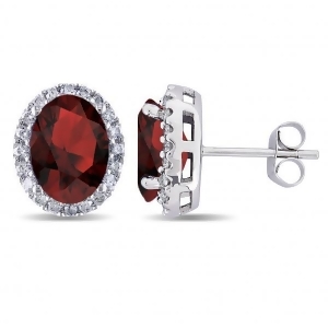 Oval Garnet and Halo Diamond Stud Earrings 14k White Gold 4.60ct - All