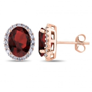 Oval Garnet and Halo Diamond Stud Earrings 14k Rose Gold 4.60ct - All