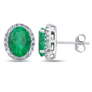 Oval Emerald and Halo Diamond Stud Earrings 14k White Gold 4.20ct - All
