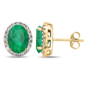 Oval Emerald and Halo Diamond Stud Earrings 14k Yellow Gold 4.20ct - All