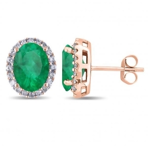 Oval Emerald and Halo Diamond Stud Earrings 14k Rose Gold 4.20ct - All