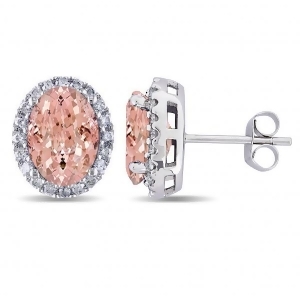 Oval Morganite and Halo Diamond Stud Earrings 14k White Gold 5.60ct - All