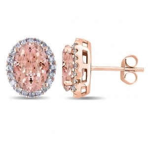 Oval Morganite and Halo Diamond Stud Earrings 14k Rose Gold 5.60ct - All