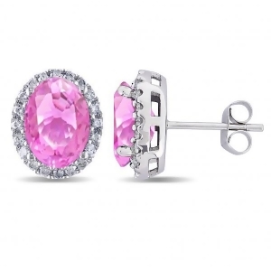 Oval Pink Sapphire and Halo Diamond Stud Earrings 14k White Gold 4.80ct - All