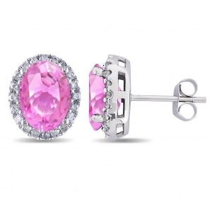 Oval Pink Sapphire and Halo Diamond Stud Earrings 14k White Gold 4.80ct - All