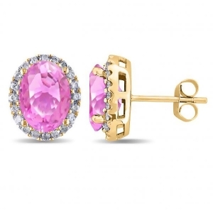 Oval Pink Sapphire and Halo Diamond Stud Earrings 14k Yellow Gold 4.80ct - All