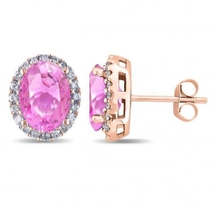 Oval Pink Sapphire and Halo Diamond Stud Earrings 14k Rose Gold 4.80ct - All