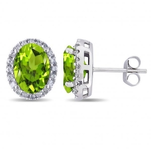 Oval Peridot and Halo Diamond Stud Earrings 14k White Gold 4.40ct - All
