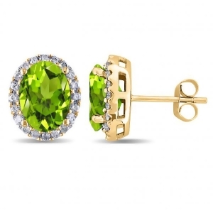 Oval Peridot and Halo Diamond Stud Earrings 14k Yellow Gold 4.40ct - All