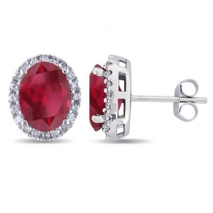 Oval Ruby and Halo Diamond Stud Earrings 14k White Gold 4.80ct - All