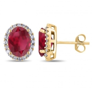 Oval Ruby and Halo Diamond Stud Earrings 14k Yellow Gold 4.80ct - All