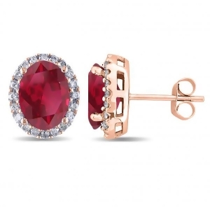 Oval Ruby and Halo Diamond Stud Earrings 14k Rose Gold 4.80ct - All