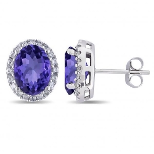 Oval Tanzanite and Halo Diamond Stud Earrings 14k White Gold 4.80ct - All