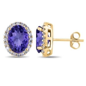 Oval Tanzanite and Halo Diamond Stud Earrings 14k Yellow Gold 4.80ct - All