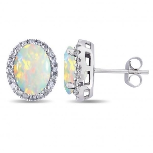 Oval Opal and Halo Diamond Stud Earrings 14k White Gold 2.60ct - All