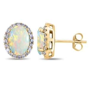 Oval Opal and Halo Diamond Stud Earrings 14k Yellow Gold 2.60ct - All