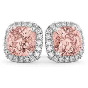 Halo Cushion Morganite and Diamond Earrings 14k White Gold 4.04ct - All