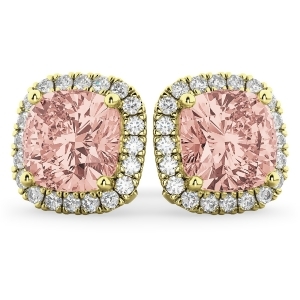 Halo Cushion Morganite and Diamond Earrings 14k Yellow Gold 4.04ct - All