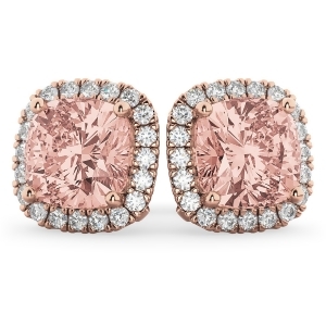 Halo Cushion Morganite and Diamond Earrings 14k Rose Gold 4.04ct - All