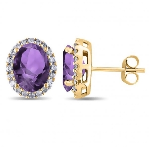 Oval Amethyst and Halo Diamond Stud Earrings 14k Yellow Gold 3.92ct - All