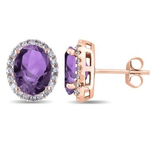 Oval Amethyst and Halo Diamond Stud Earrings 14k Rose Gold 3.92ct - All