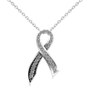 Awarness Ribbon Diamond Pendant Necklace 14k White Gold 0.28ct - All