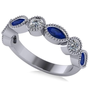 Marquise and Round Diamond and Blue Sapphire Band 14k White Gold 0.90ct - All