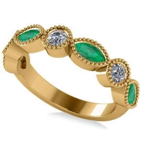 Marquise and Round Diamond and Emerald Band 14k Yellow Gold 0.90ct - All