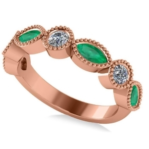 Marquise and Round Diamond and Emerald Band 14k Rose Gold 0.90ct - All