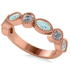 Marquise and Round Diamond and Aquamarine Band 14k Rose Gold 0.90ct - All