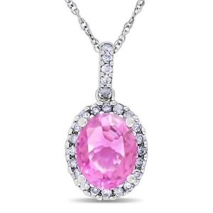 Pink Sapphire and Halo Diamond Pendant Necklace in 14k White Gold 2.44ct - All