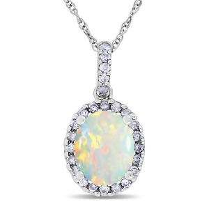 Opal and Halo Diamond Pendant Necklace in 14k White Gold 1.34ct - All