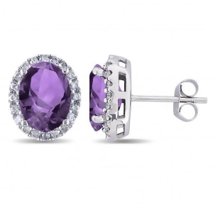 Oval Amethyst and Halo Diamond Stud Earrings 14k White Gold 3.92ct - All
