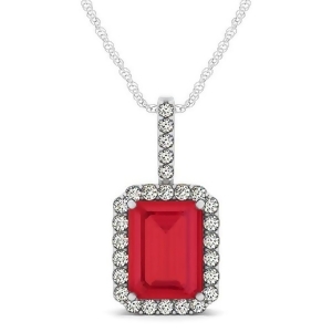 Diamond and Emerald Cut Ruby Halo Pendant Necklace 14k White Gold 4.25ct - All