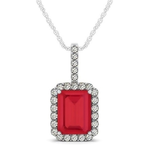 Diamond and Emerald Cut Ruby Halo Pendant Necklace 14k White Gold 4.25ct - All