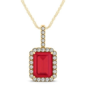 Diamond and Emerald Cut Ruby Halo Pendant Necklace 14k Yellow Gold 4.25ct - All