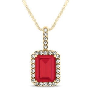 Diamond and Emerald Cut Ruby Halo Pendant Necklace 14k Yellow Gold 4.25ct - All