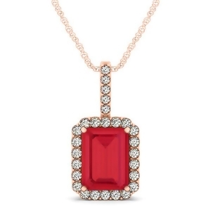 Diamond and Emerald Cut Ruby Halo Pendant Necklace 14k Rose Gold 4.25ct - All