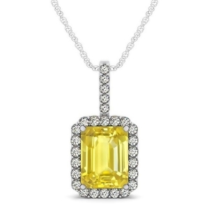Diamond and Emerald Cut Yellow Sapphire Halo Pendant Necklace 14k White Gold 4.25ct - All