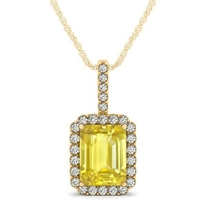 Diamond and Emerald Cut Yellow Sapphire Halo Pendant Necklace 14k Yellow Gold 4.25ct - All