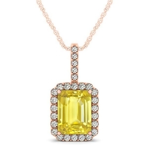 Diamond and Emerald Cut Yellow Sapphire Halo Pendant Necklace 14k Rose Gold 4.25ct - All