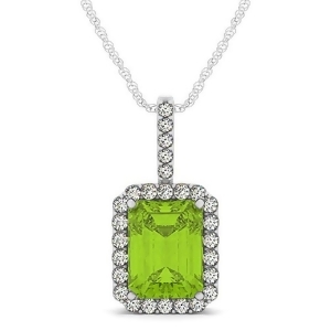 Diamond and Emerald Cut Peridot Halo Pendant Necklace 14k White Gold 4.25ct - All