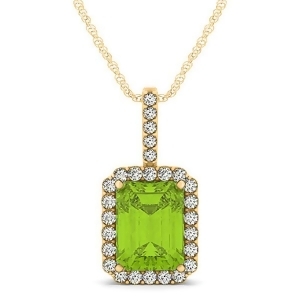 Diamond and Emerald Cut Peridot Halo Pendant Necklace 14k Yellow Gold 4.25ct - All