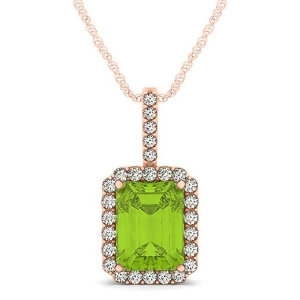 Diamond and Emerald Cut Peridot Halo Pendant Necklace 14k Rose Gold 4.25ct - All