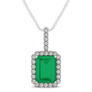 Diamond and Emerald Cut Emerald Halo Pendant Necklace 14k White Gold 4.25ct - All