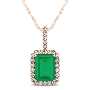 Diamond and Emerald Cut Emerald Halo Pendant Necklace 14k Rose Gold 4.25ct - All