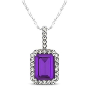 Diamond and Emerald Cut Amethyst Halo Pendant Necklace 14k White Gold 4.25ct - All