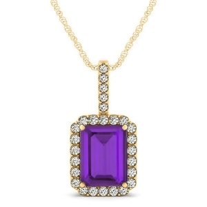 Diamond and Emerald Cut Amethyst Halo Pendant Necklace 14k Yellow Gold 4.25ct - All