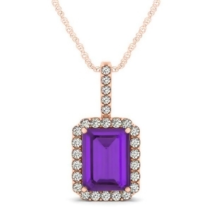 Diamond and Emerald Cut Amethyst Halo Pendant Necklace 14k Rose Gold 4.25ct - All